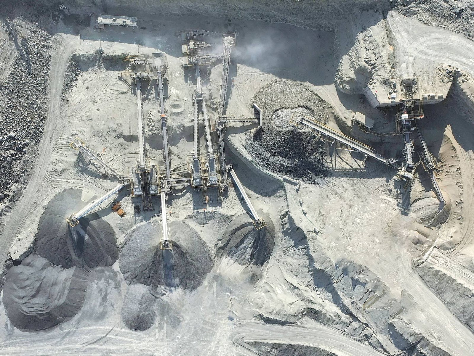 Aerial view of a crushing and screening plant processing aggregate